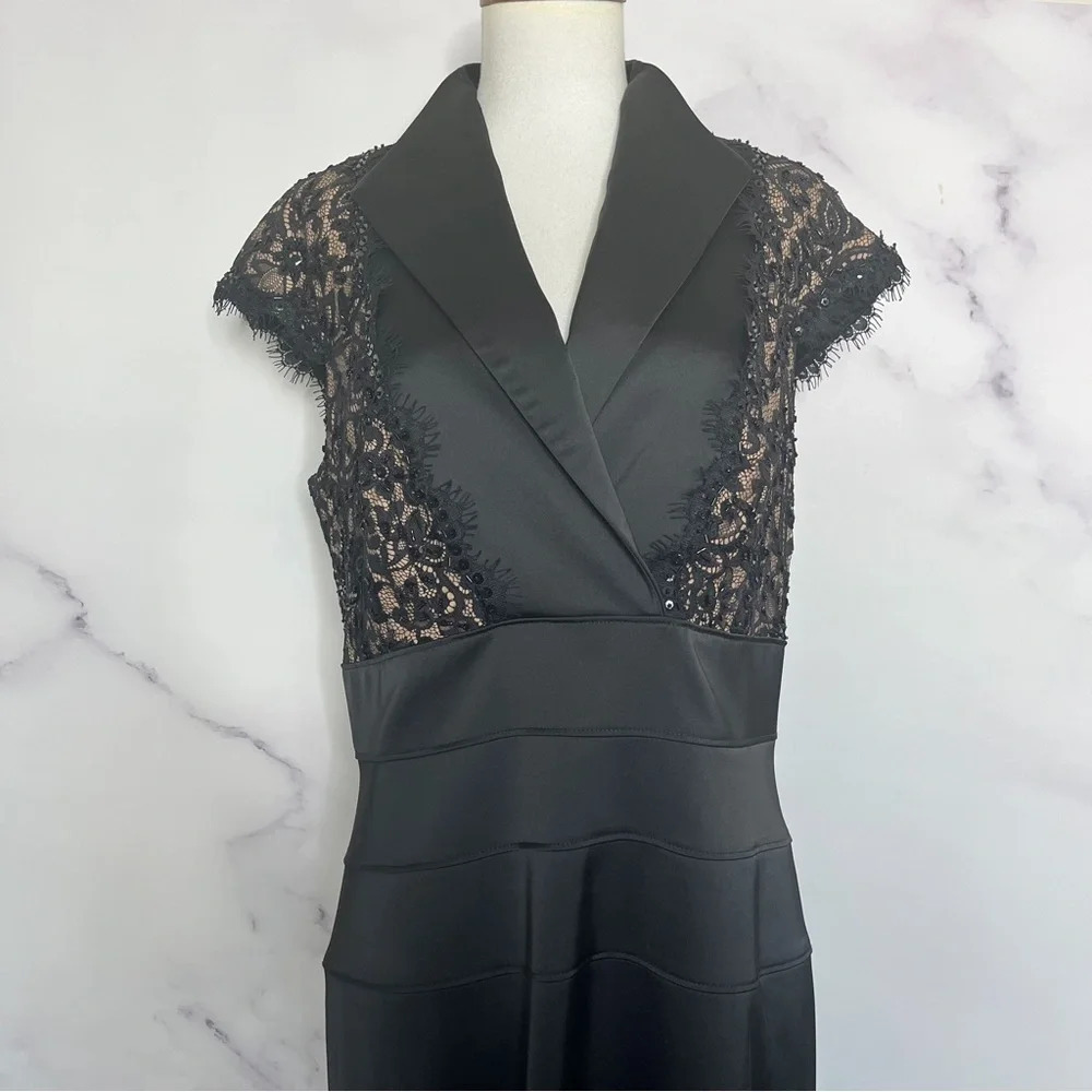 Tadashi Shoji Black Gold Beaded‎ Detail Collared Neckline Gown - Picture 2 of 9
